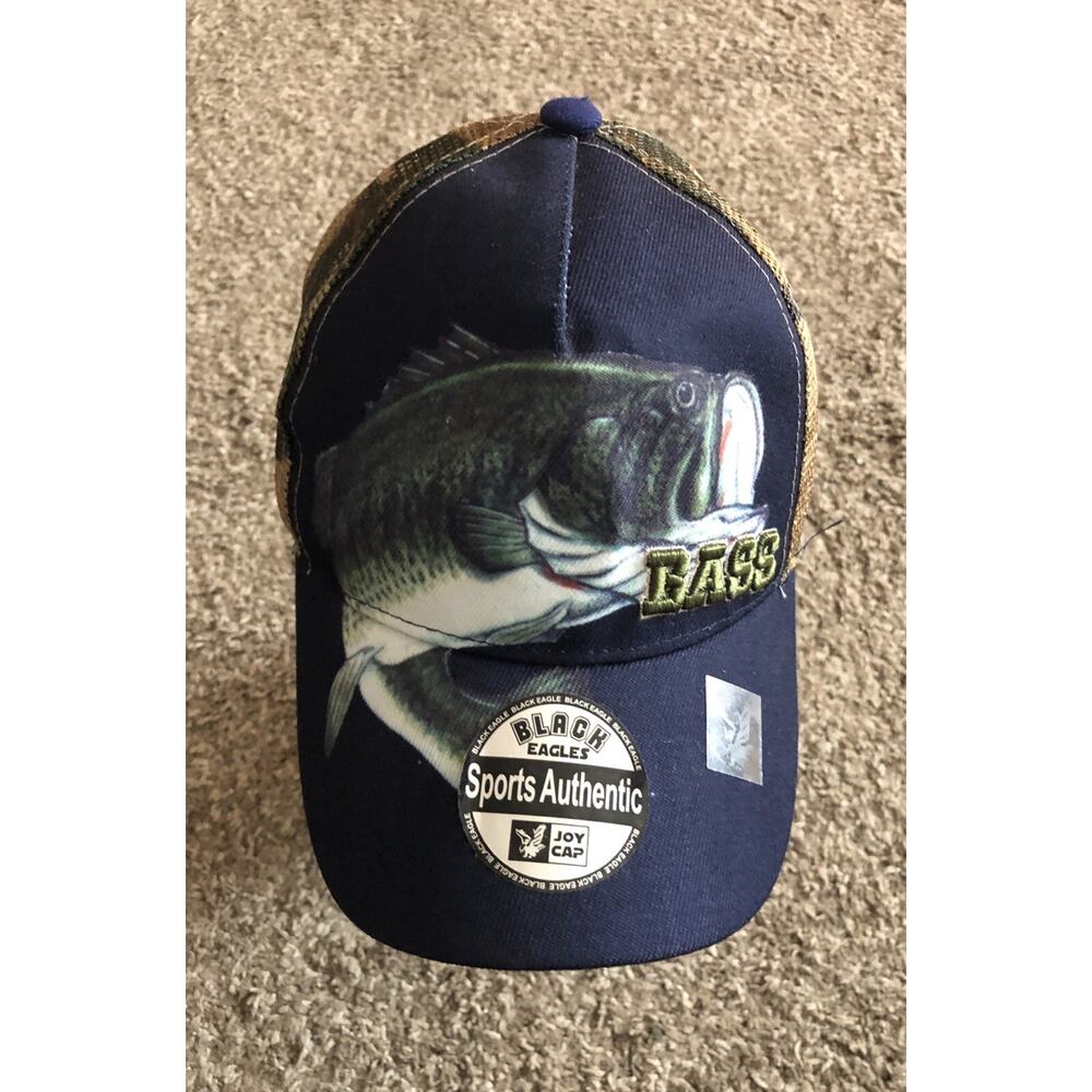 Bass Hat Embroidered Ball Cap Strap Back Black Hawk Eagle Joy Cap Blue Camo New